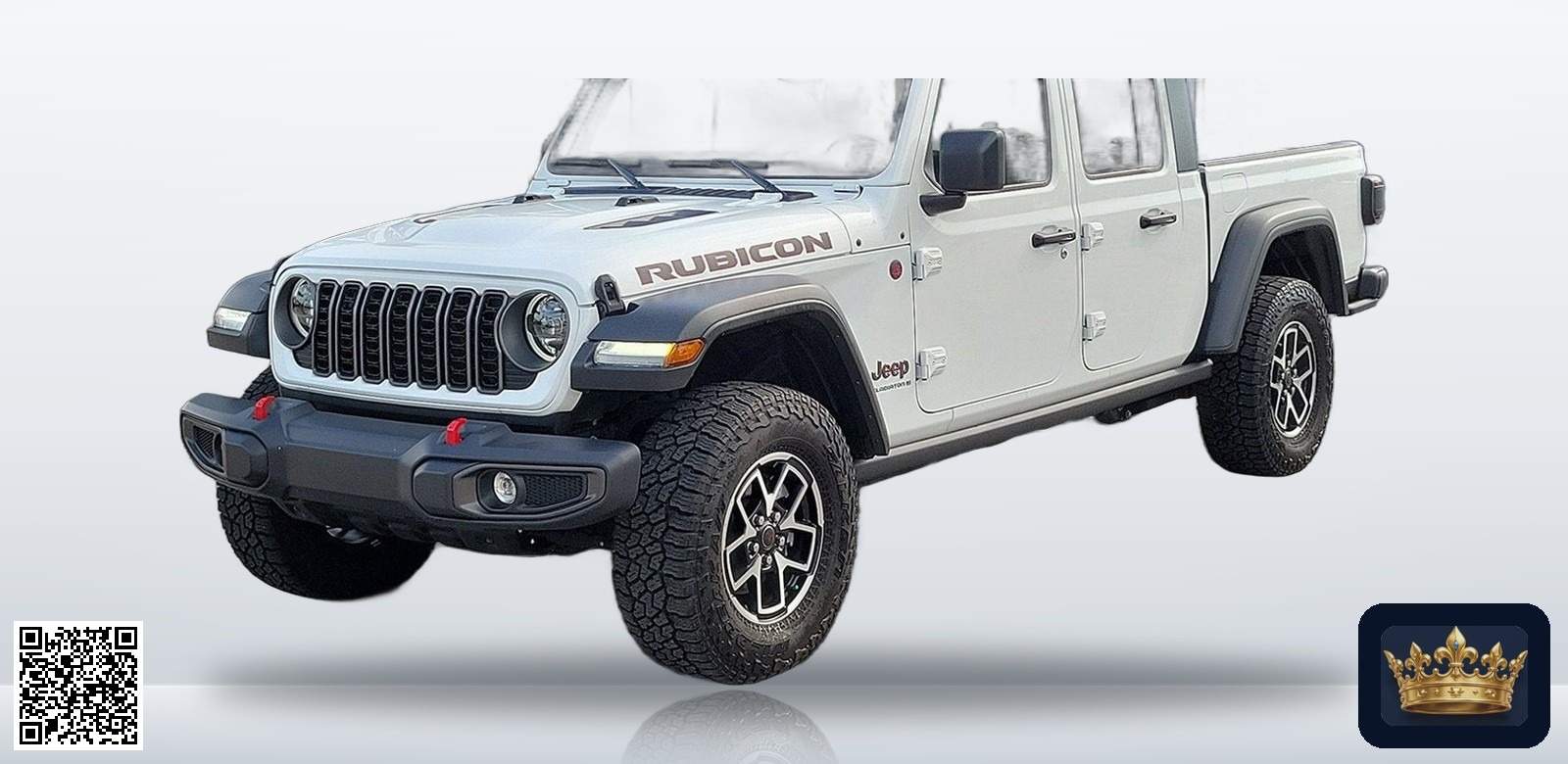2025 Jeep Gladiator Rubicon en vista tres cuartos frontal, estudio blanco